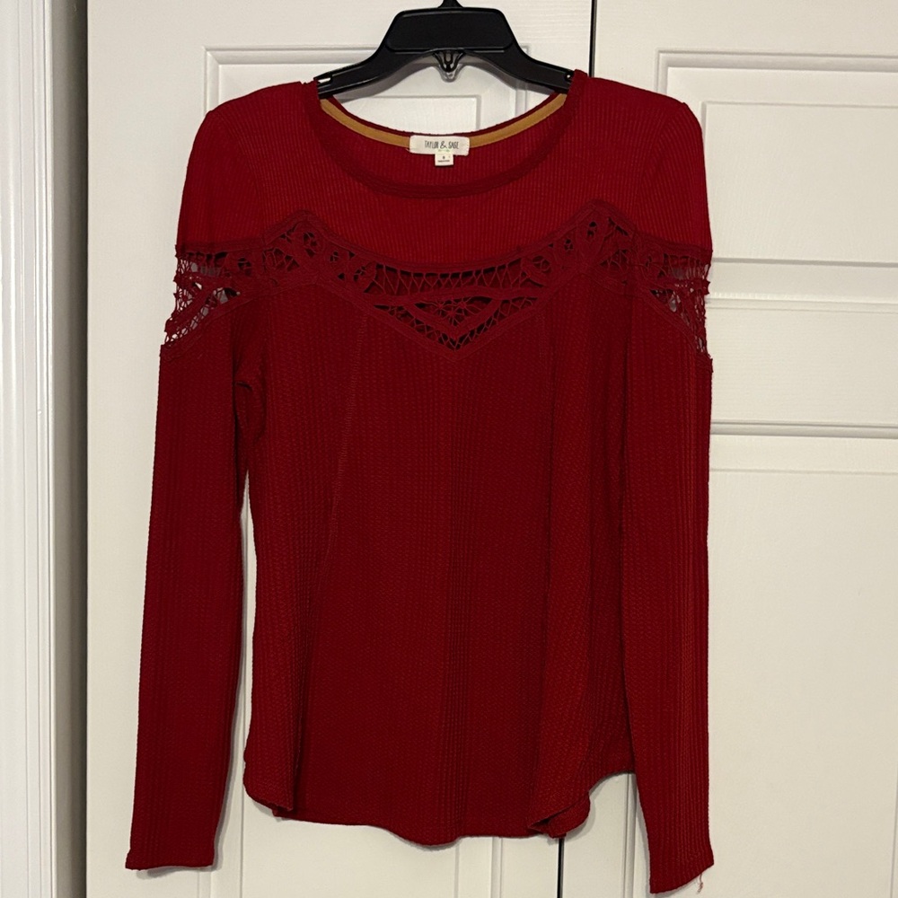 Taylor & Sage Red Long Sleeve Top with Lace Detail